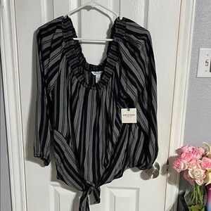 Arizona Jean Company Black and Gray Striped Tie-Front Peasant Blouse